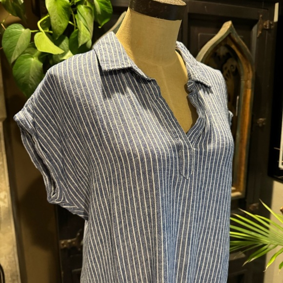 Altar’d state linen blend frayed edge shirt mini dress. Pockets & denim stripe - Picture 9 of 14